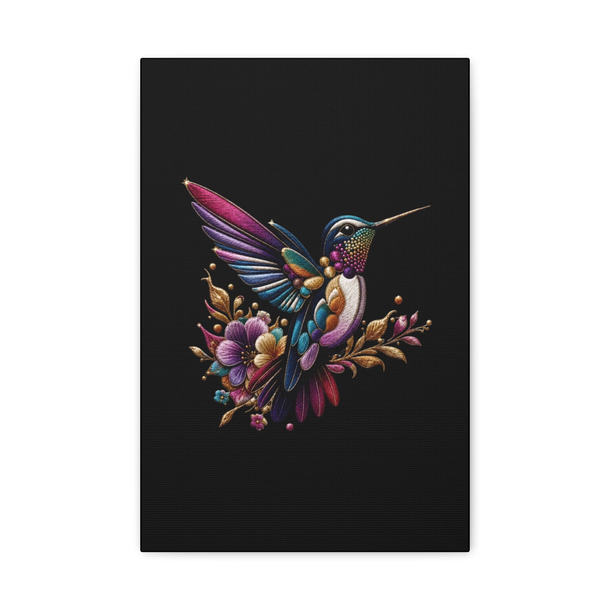 Colorful Hummingbird Floral Canvas Wall Art – Vibrant Bird Print on Black Matte