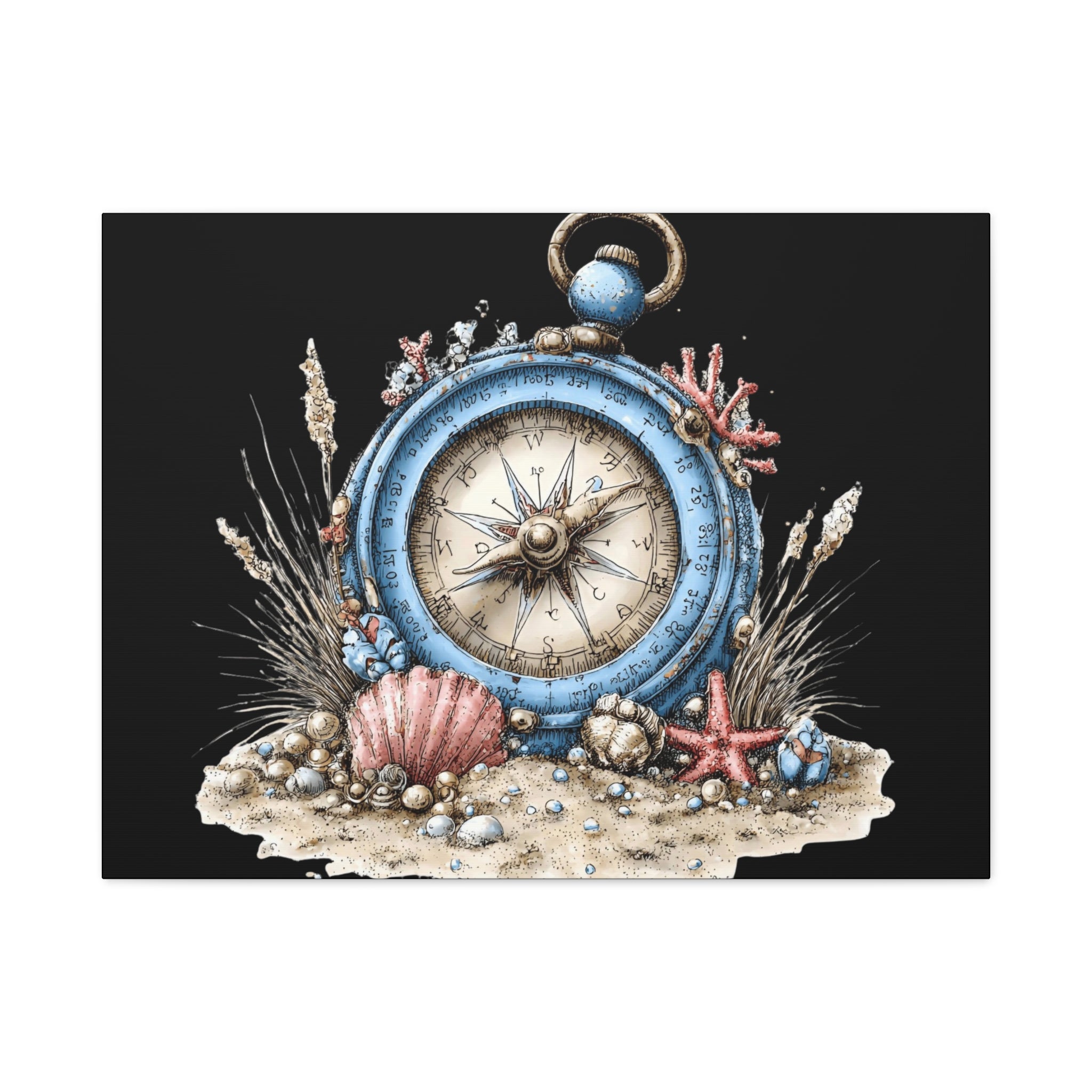 Nautical Compass Canvas Wall Art — Vintage Sea Shell Beach Decor