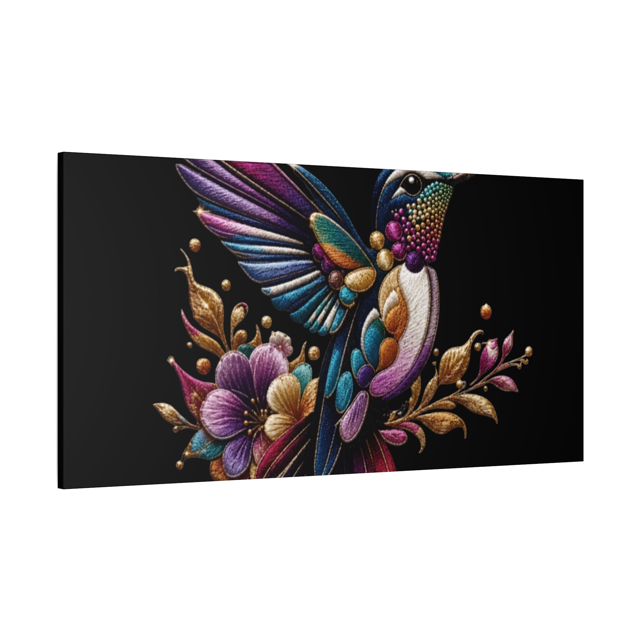 Colorful Hummingbird Floral Canvas Wall Art – Vibrant Bird Print on Black Matte