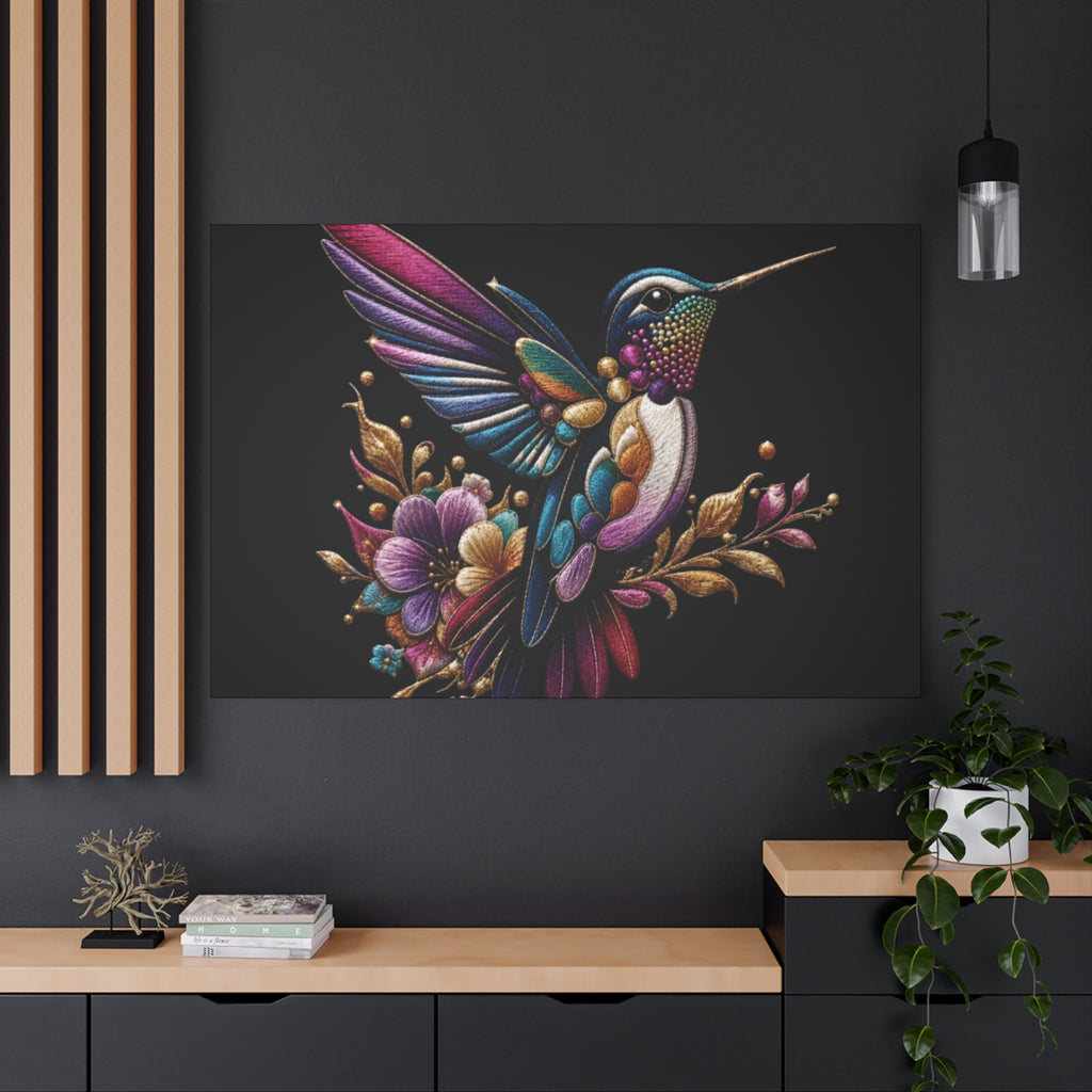 Colorful Hummingbird Floral Canvas Wall Art – Vibrant Bird Print on Black Matte