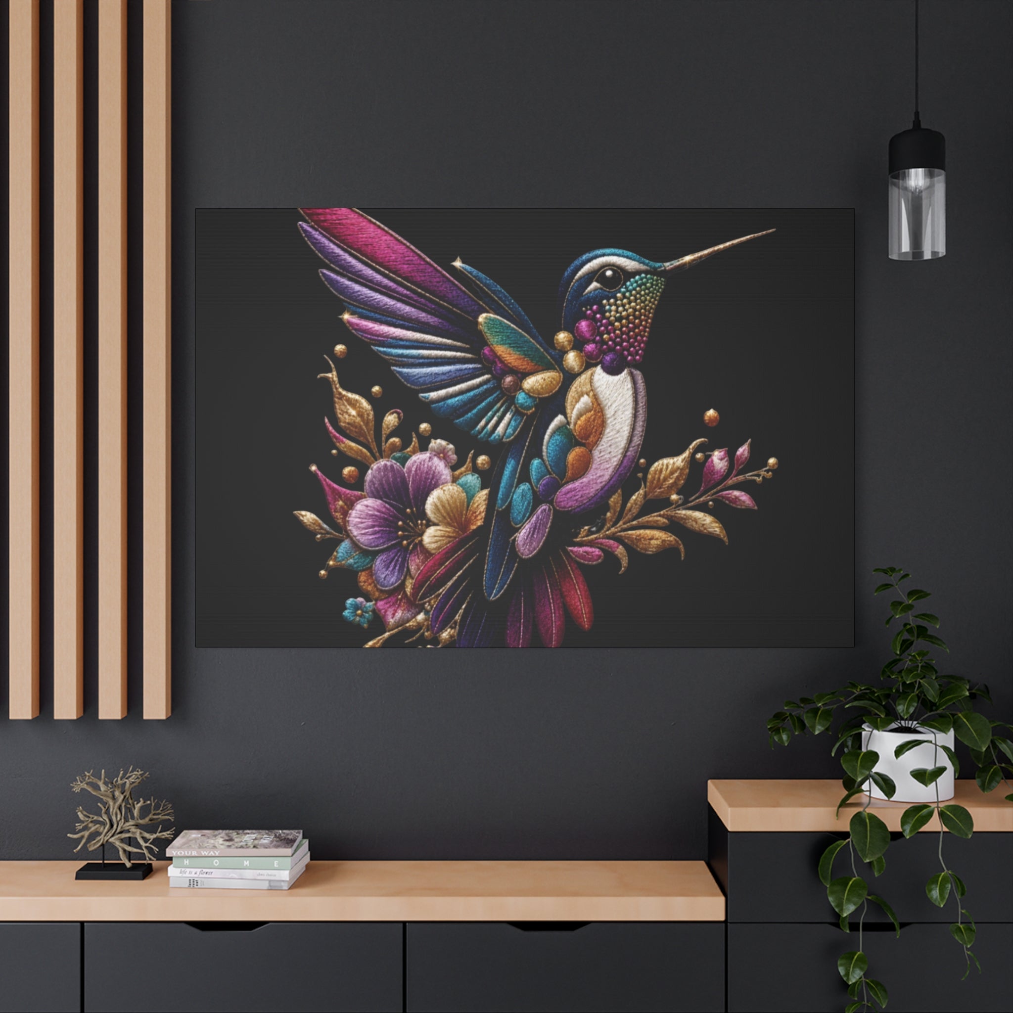 Colorful Hummingbird Floral Canvas Wall Art – Vibrant Bird Print on Black Matte