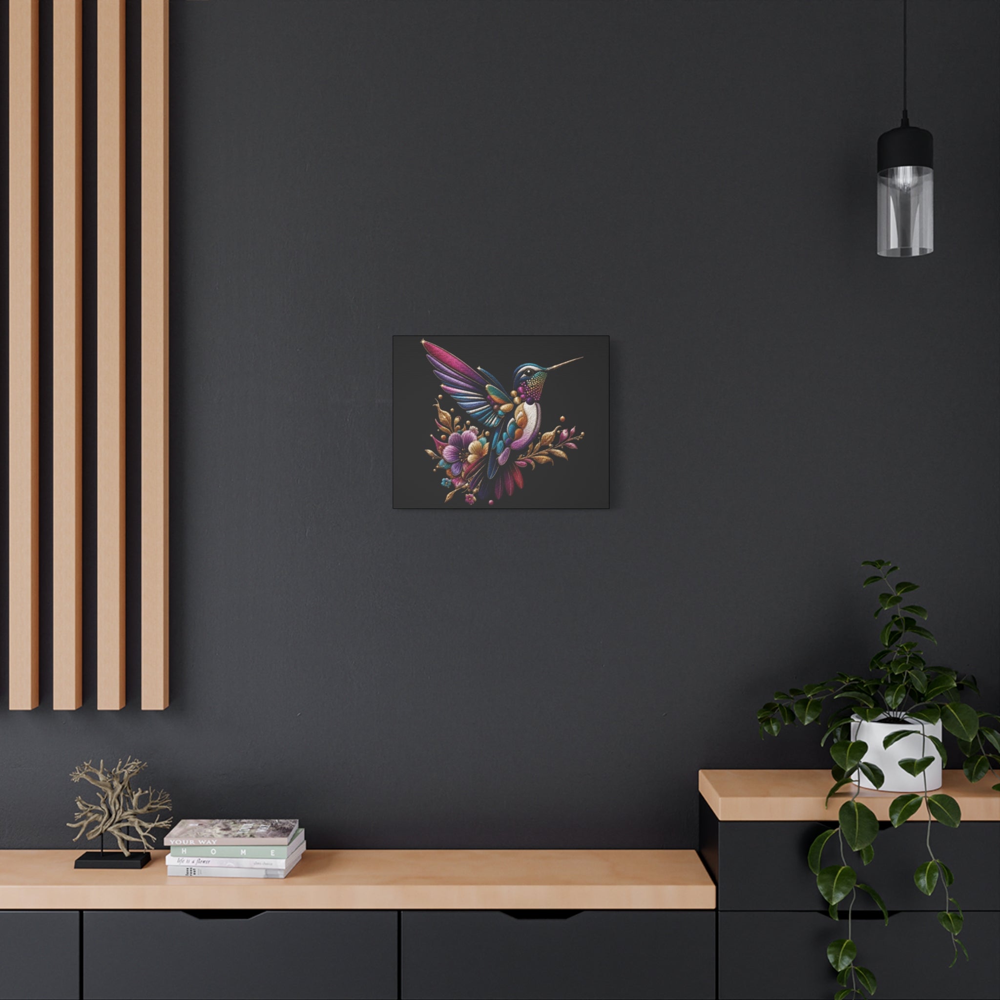 Colorful Hummingbird Floral Canvas Wall Art – Vibrant Bird Print on Black Matte