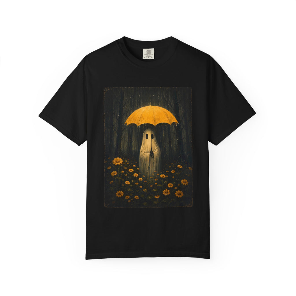 Ghost Under Yellow Umbrella T-Shirt — Whimsical Spooky Tee for Fall & Halloween