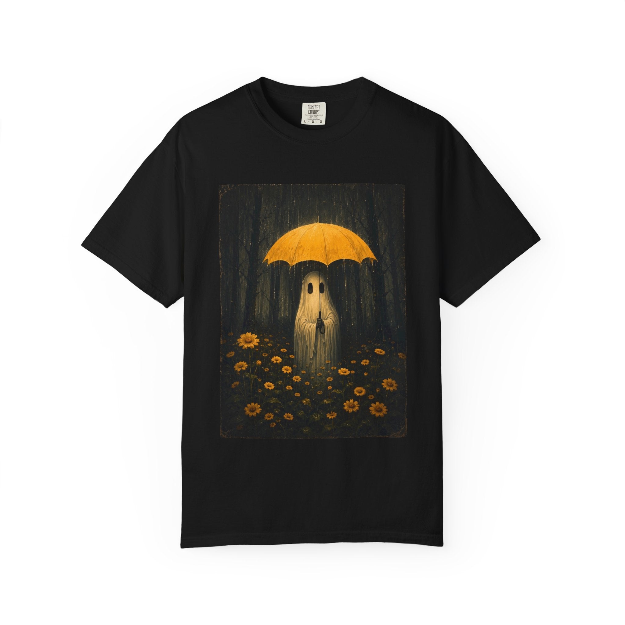 Ghost Under Yellow Umbrella T-Shirt — Whimsical Spooky Tee for Fall & Halloween