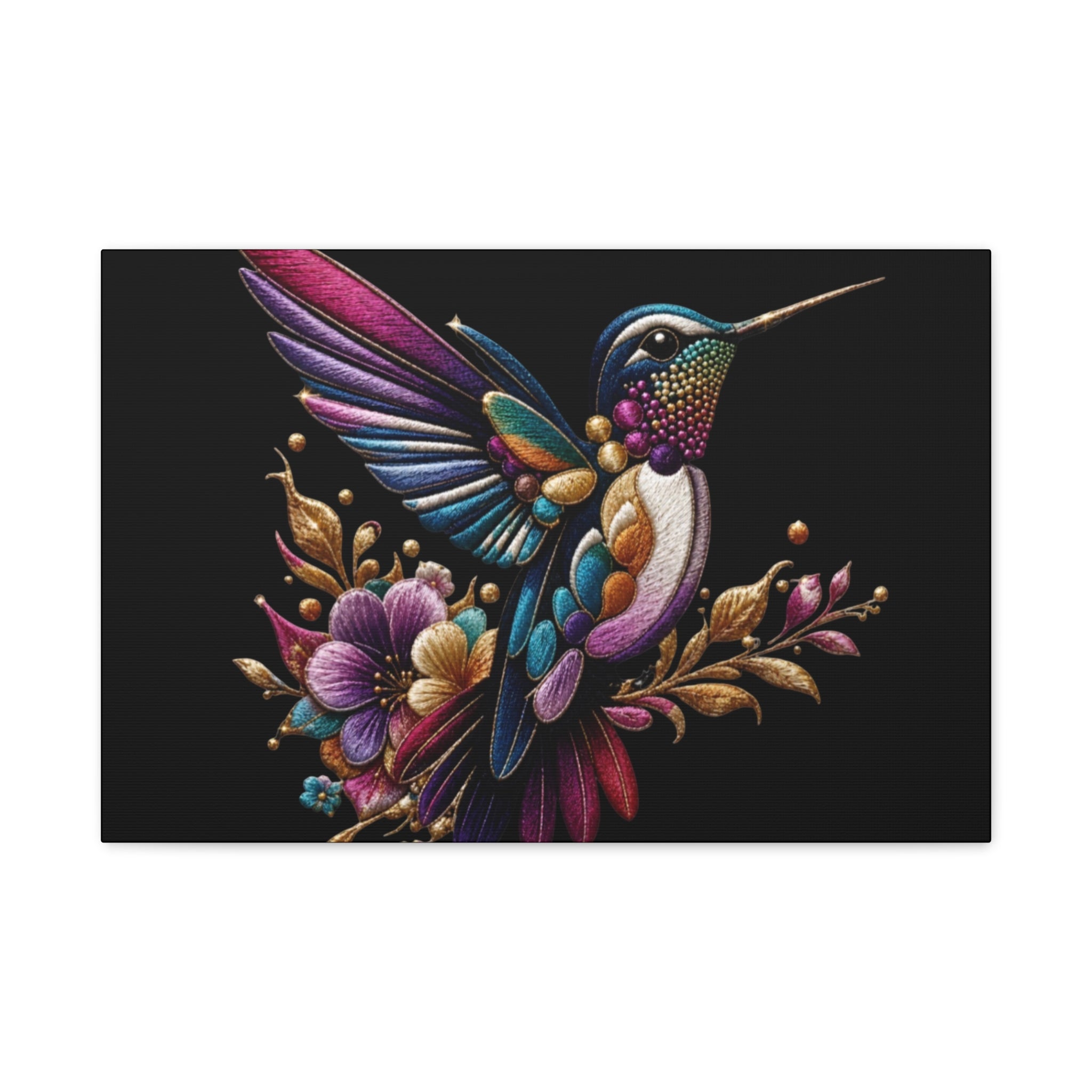 Colorful Hummingbird Floral Canvas Wall Art – Vibrant Bird Print on Black Matte