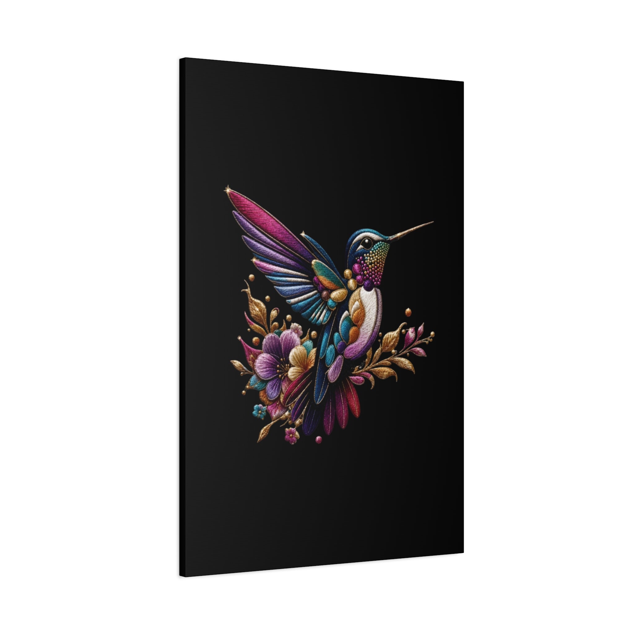 Colorful Hummingbird Floral Canvas Wall Art – Vibrant Bird Print on Black Matte