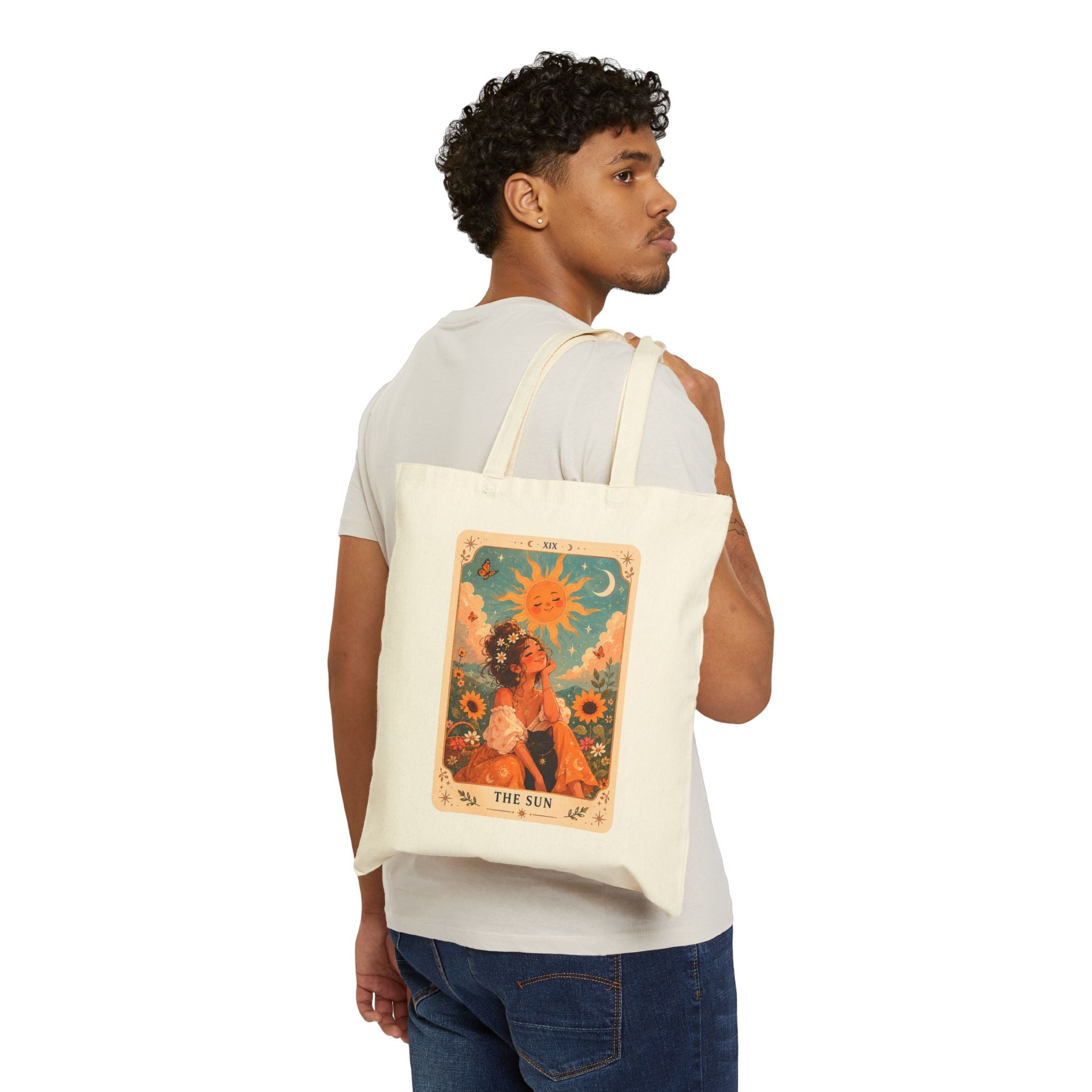 Tarot 'The Sun' Canvas Tote Bag — Vintage Sunflower Boho Market Bag