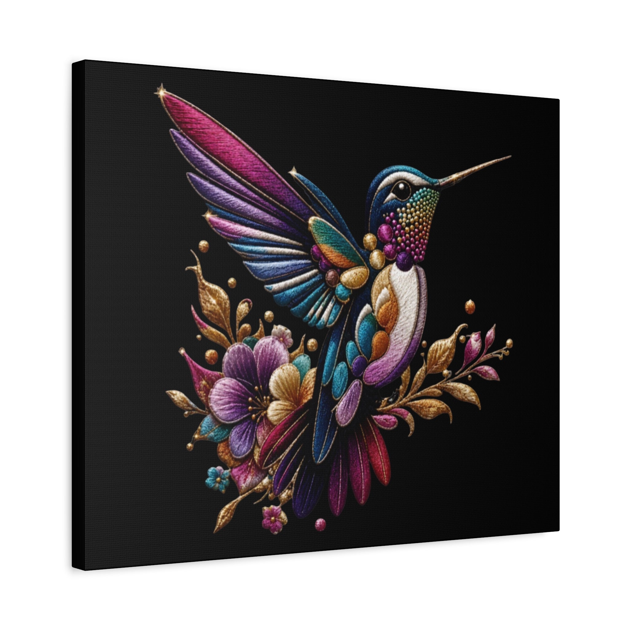 Colorful Hummingbird Floral Canvas Wall Art – Vibrant Bird Print on Black Matte