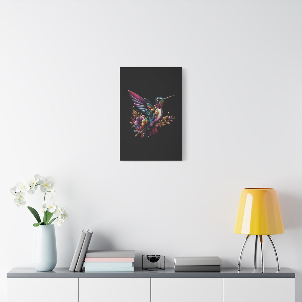 Colorful Hummingbird Floral Canvas Wall Art – Vibrant Bird Print on Black Matte