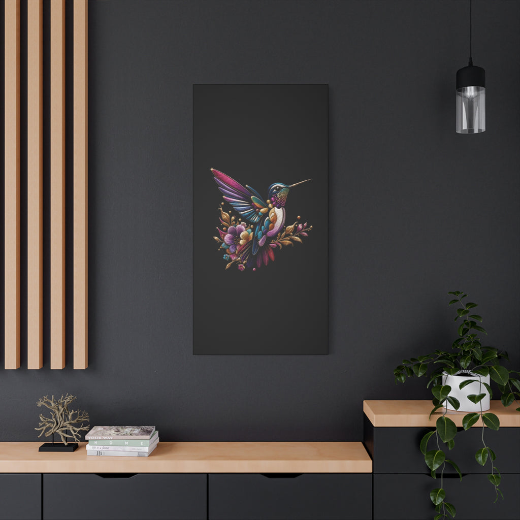 Colorful Hummingbird Floral Canvas Wall Art – Vibrant Bird Print on Black Matte