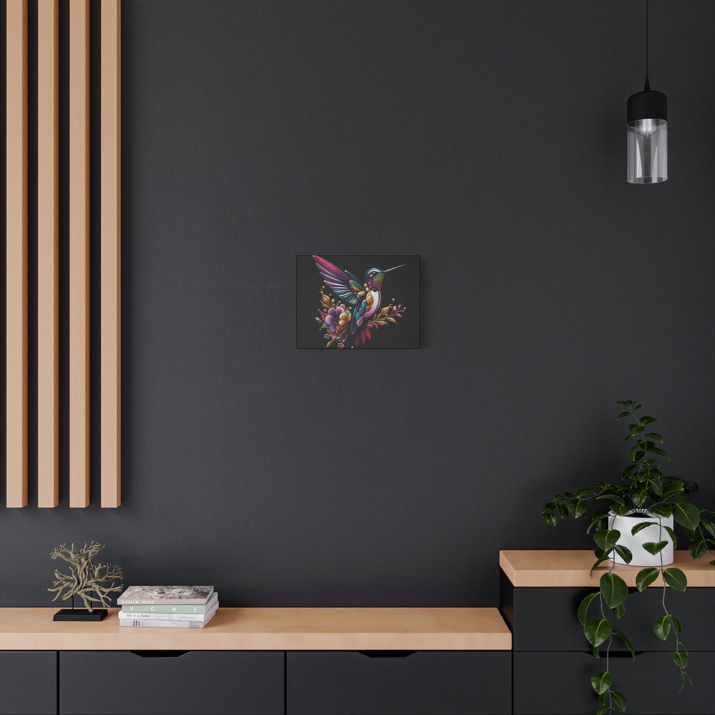 Colorful Hummingbird Floral Canvas Wall Art – Vibrant Bird Print on Black Matte