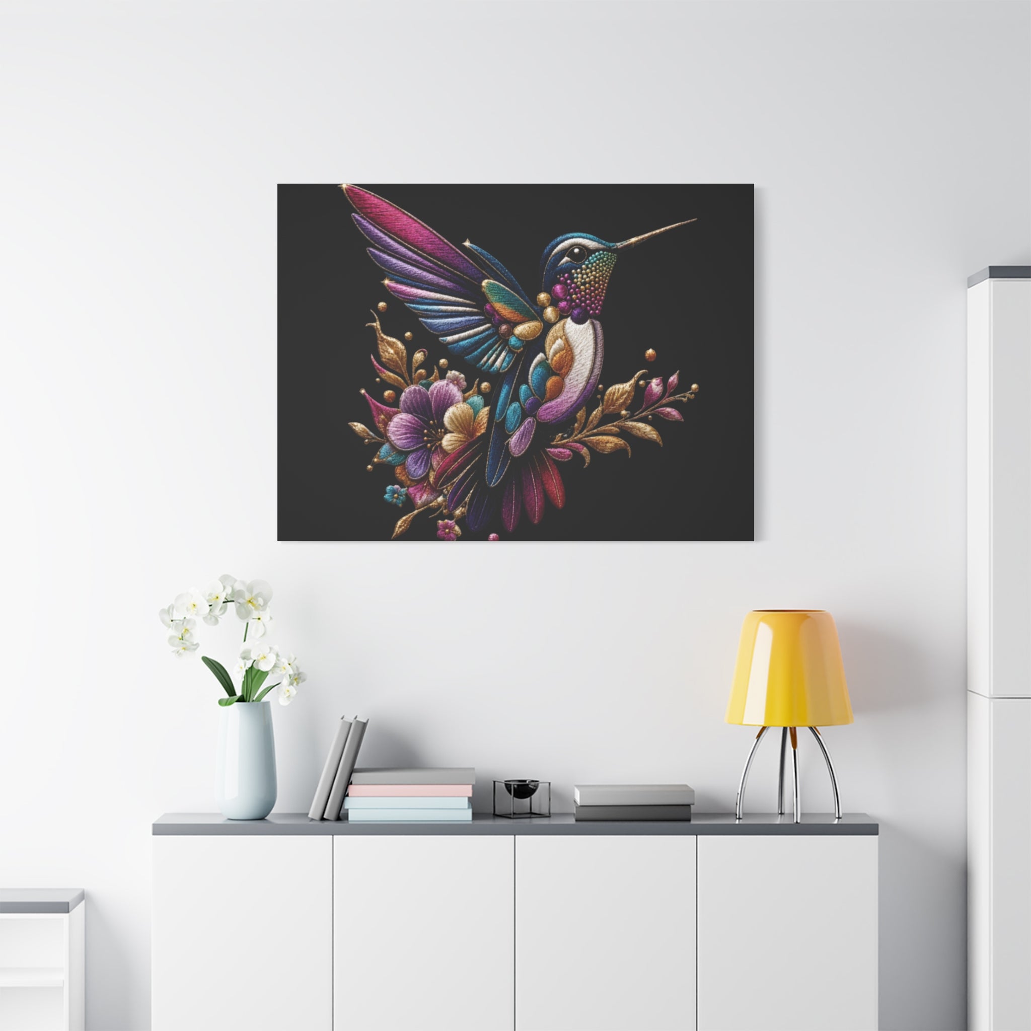 Colorful Hummingbird Floral Canvas Wall Art – Vibrant Bird Print on Black Matte