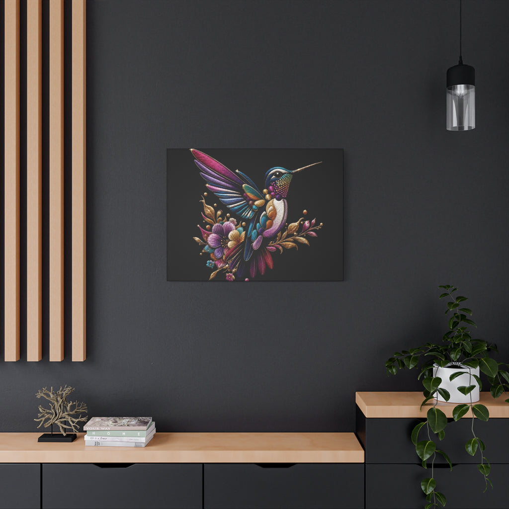 Colorful Hummingbird Floral Canvas Wall Art – Vibrant Bird Print on Black Matte
