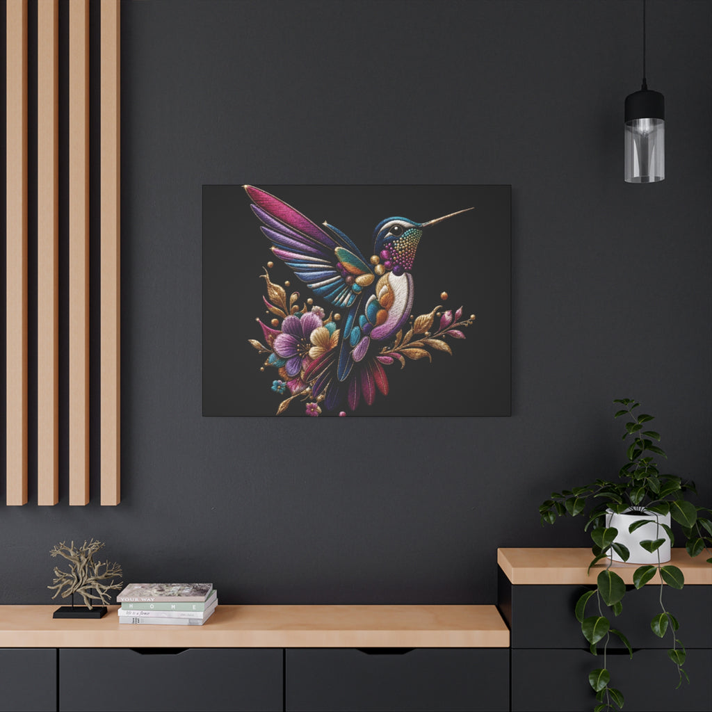 Colorful Hummingbird Floral Canvas Wall Art – Vibrant Bird Print on Black Matte