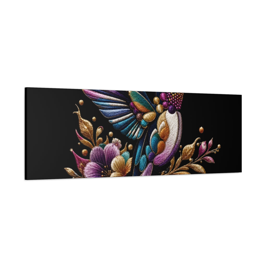 Colorful Hummingbird Floral Canvas Wall Art – Vibrant Bird Print on Black Matte