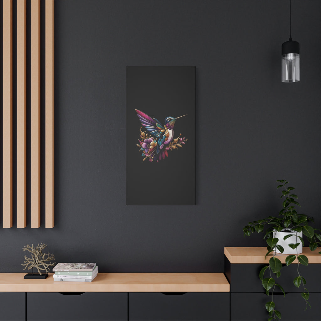 Colorful Hummingbird Floral Canvas Wall Art – Vibrant Bird Print on Black Matte