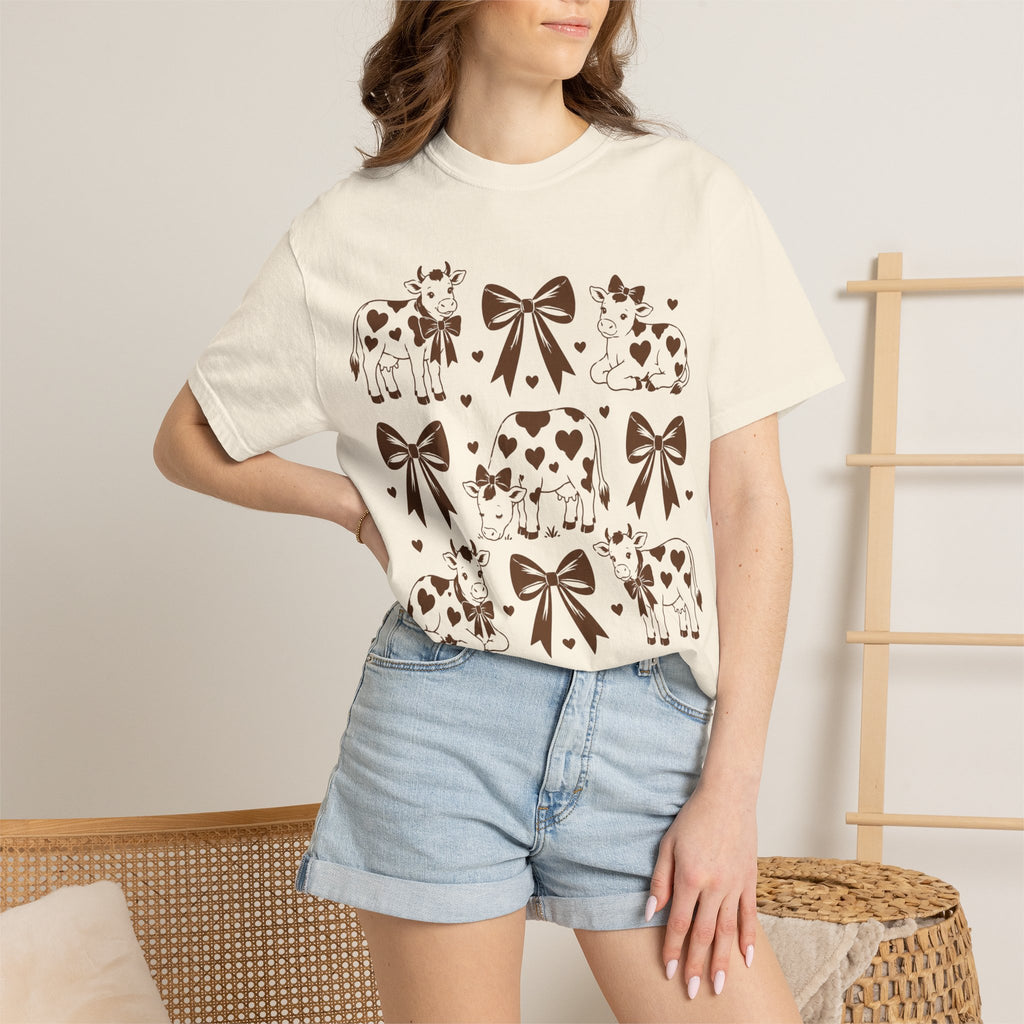 Cow Pattern Graphic T-Shirt — Cute Cow & Bow Farm Animal Tee