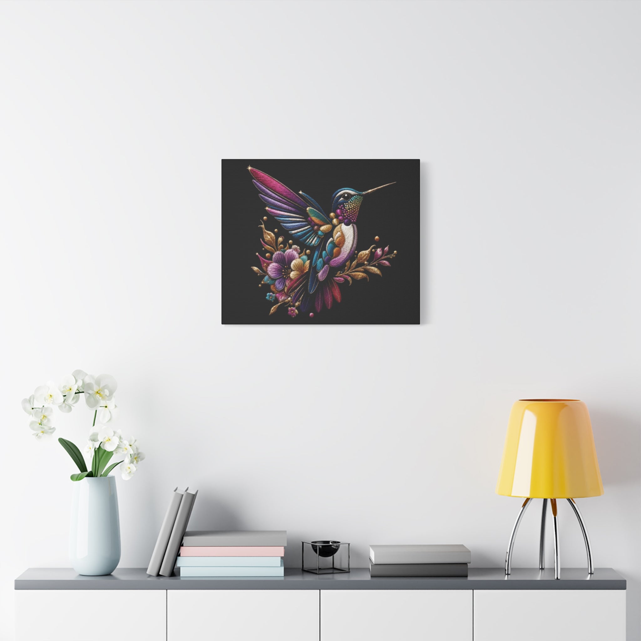 Colorful Hummingbird Floral Canvas Wall Art – Vibrant Bird Print on Black Matte