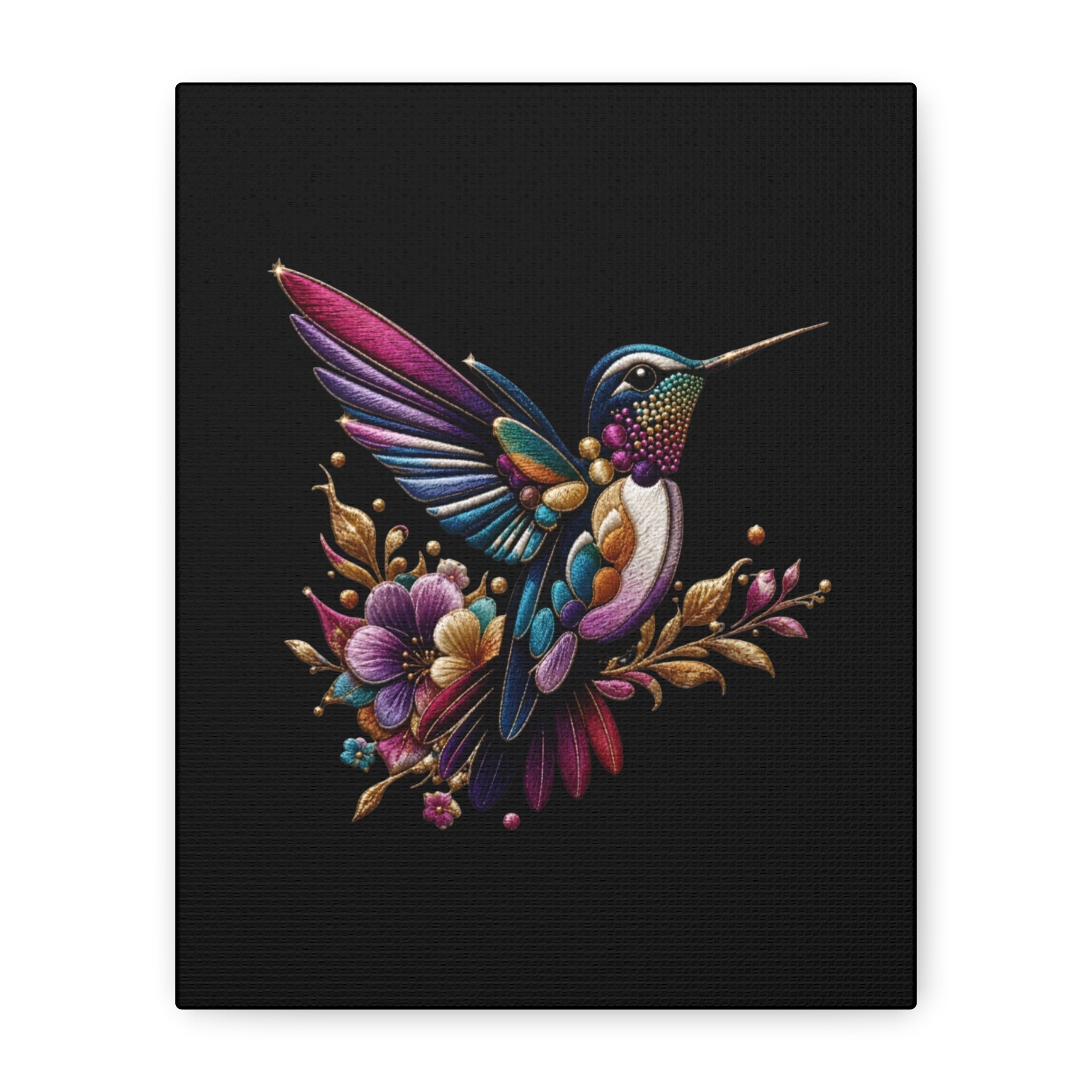 Colorful Hummingbird Floral Canvas Wall Art – Vibrant Bird Print on Black Matte