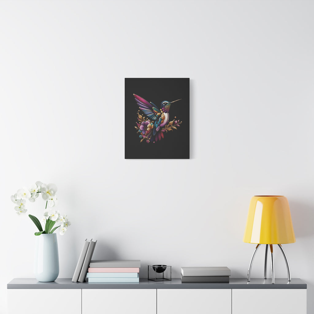 Colorful Hummingbird Floral Canvas Wall Art – Vibrant Bird Print on Black Matte