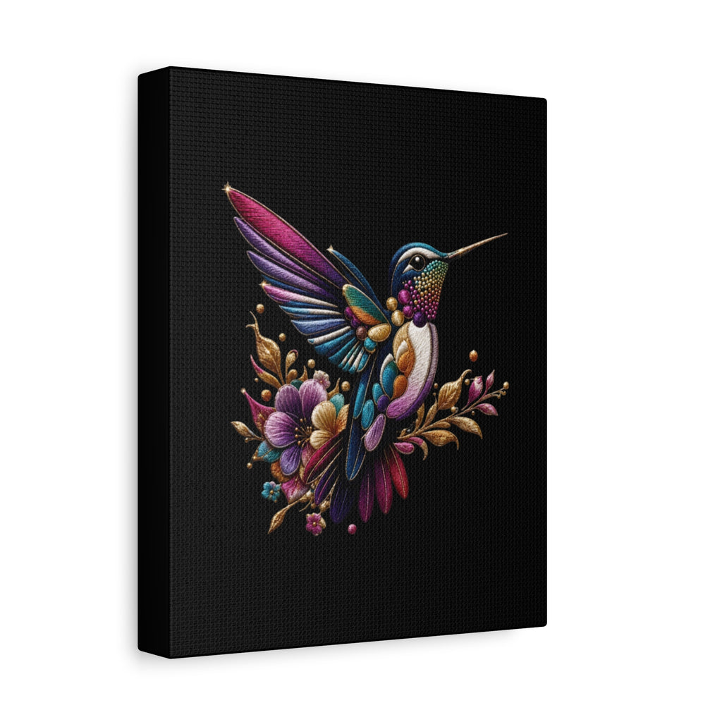 Colorful Hummingbird Floral Canvas Wall Art – Vibrant Bird Print on Black Matte