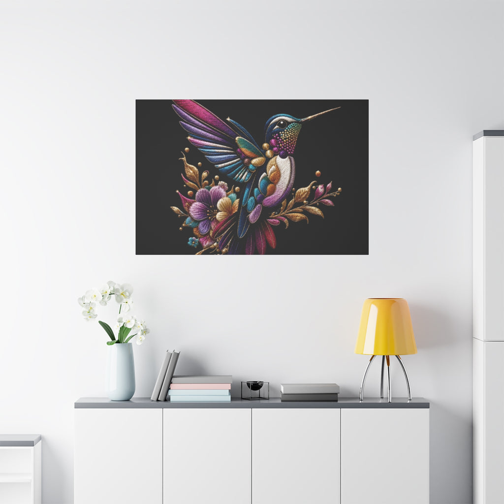 Colorful Hummingbird Floral Canvas Wall Art – Vibrant Bird Print on Black Matte