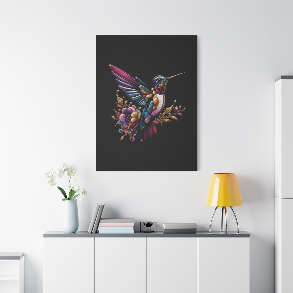 Colorful Hummingbird Floral Canvas Wall Art – Vibrant Bird Print on Black Matte