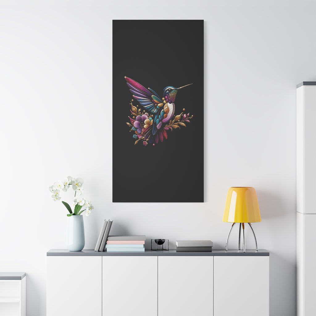 Colorful Hummingbird Floral Canvas Wall Art – Vibrant Bird Print on Black Matte