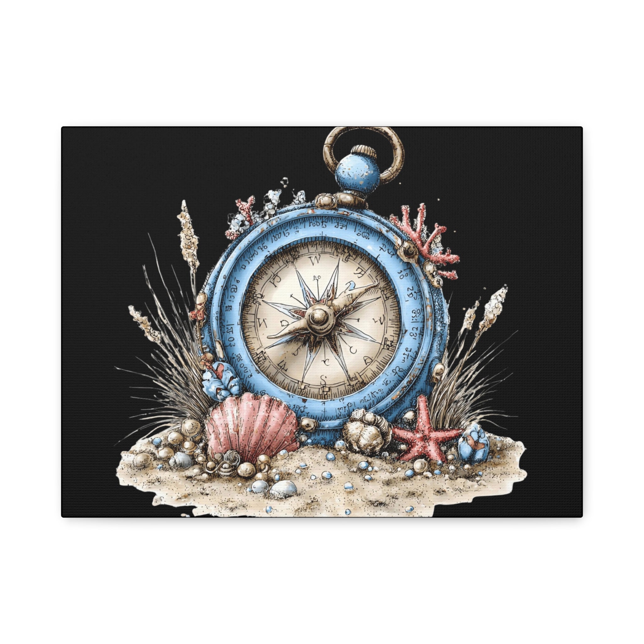 Nautical Compass Canvas Wall Art — Vintage Sea Shell Beach Decor