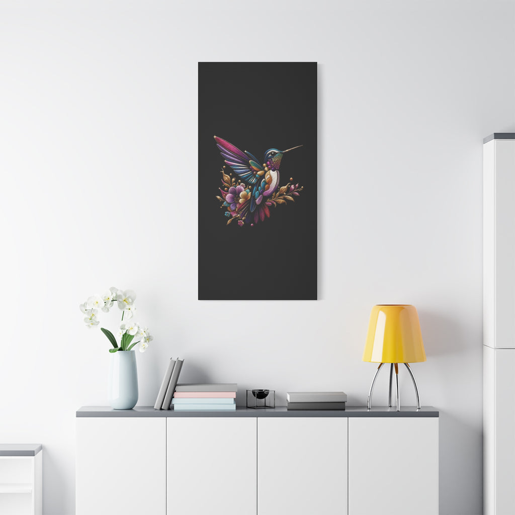 Colorful Hummingbird Floral Canvas Wall Art – Vibrant Bird Print on Black Matte