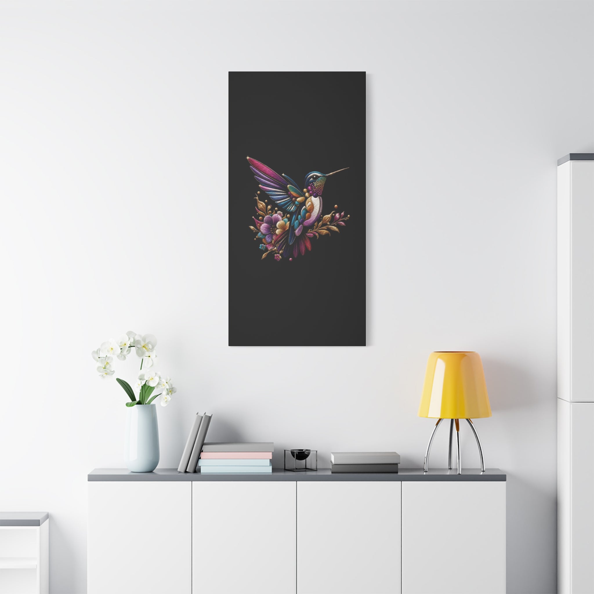 Colorful Hummingbird Floral Canvas Wall Art – Vibrant Bird Print on Black Matte
