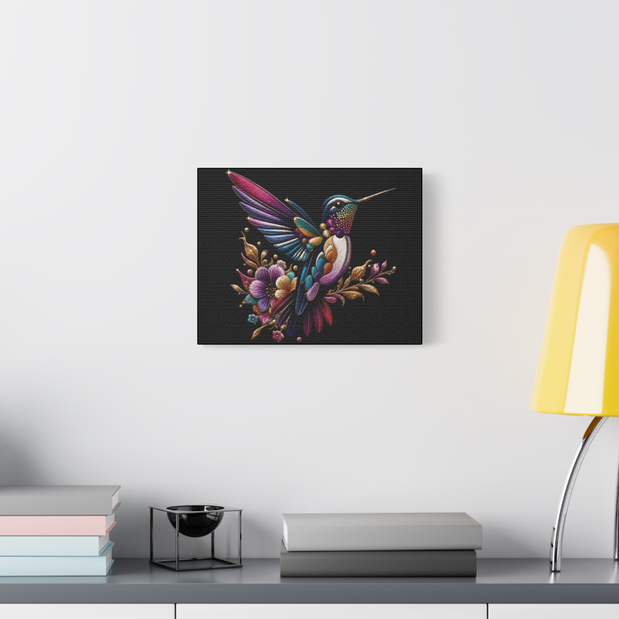 Colorful Hummingbird Floral Canvas Wall Art – Vibrant Bird Print on Black Matte