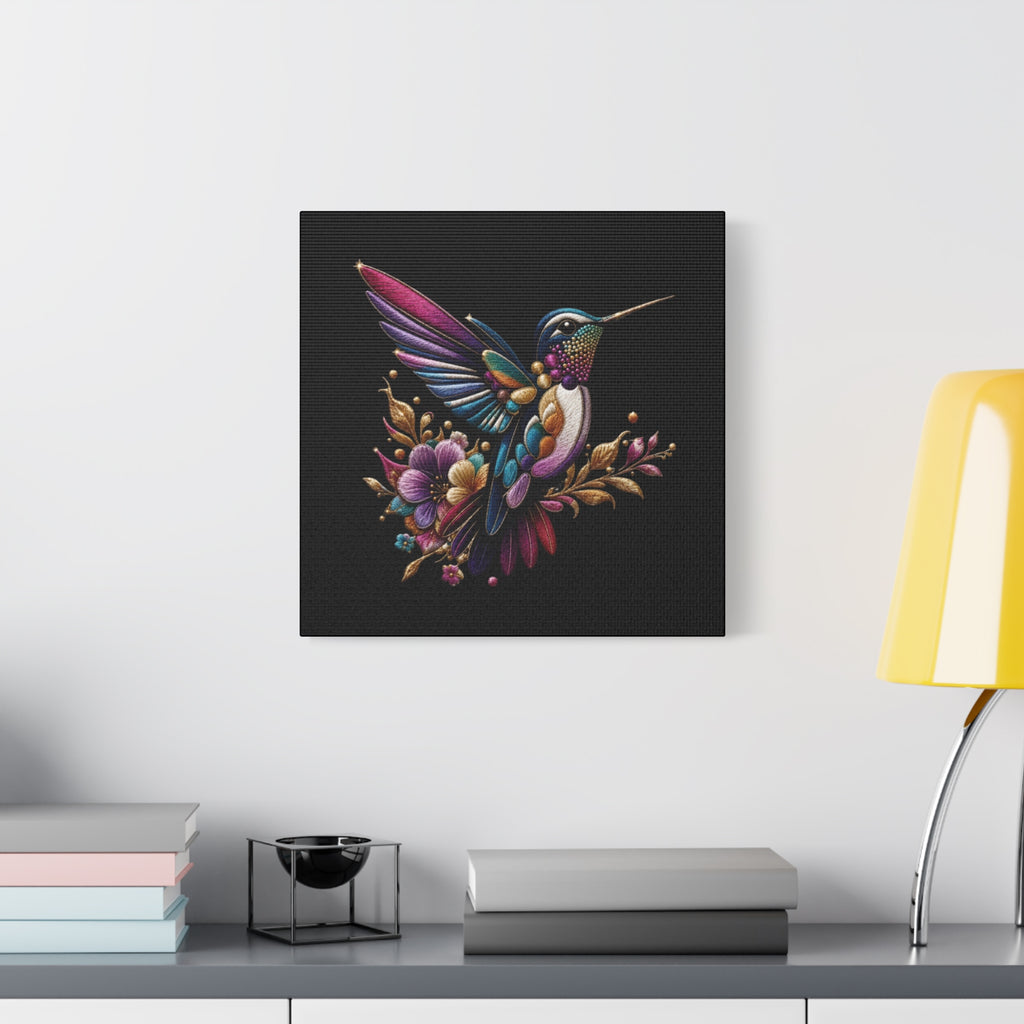 Colorful Hummingbird Floral Canvas Wall Art – Vibrant Bird Print on Black Matte