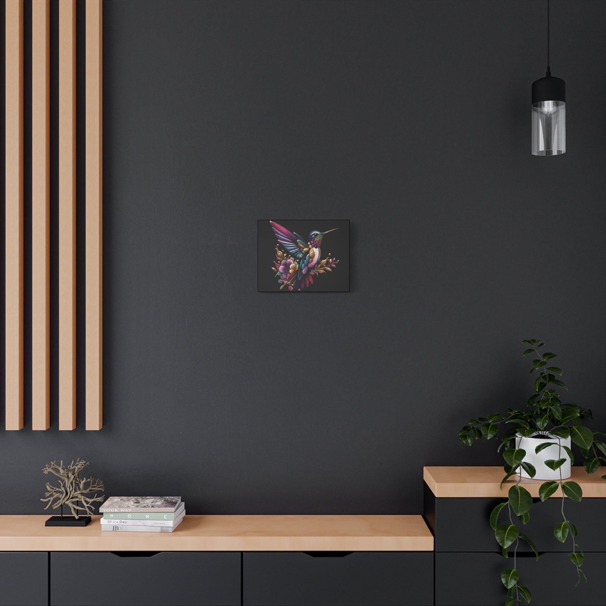 Colorful Hummingbird Floral Canvas Wall Art – Vibrant Bird Print on Black Matte