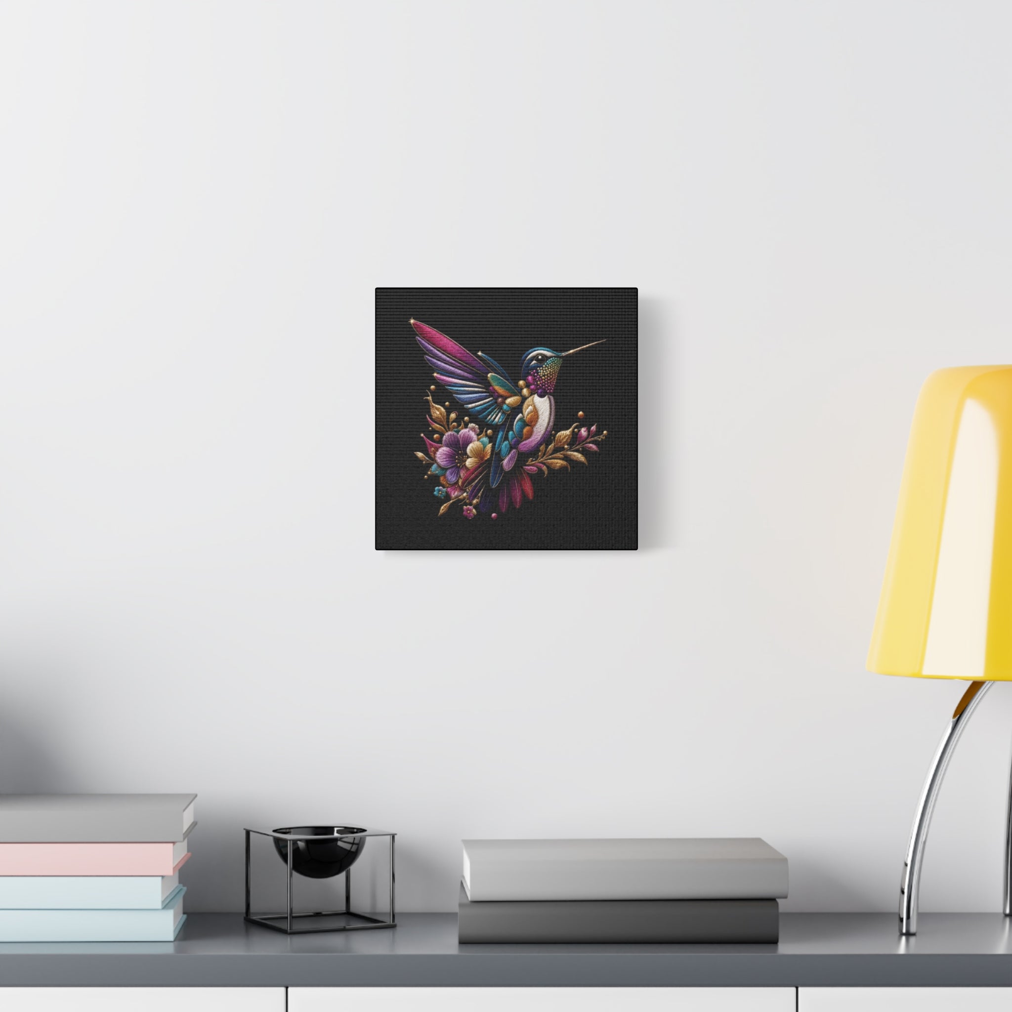 Colorful Hummingbird Floral Canvas Wall Art – Vibrant Bird Print on Black Matte