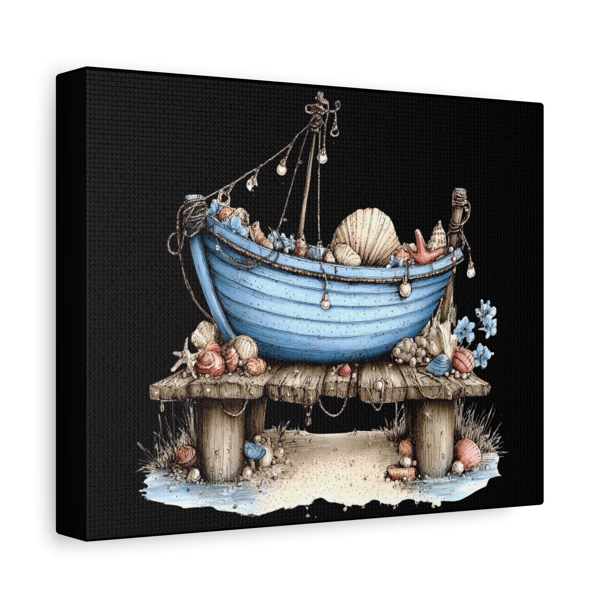 Coastal Boat Canvas Print — Blue Rowboat Seaside Wall Art