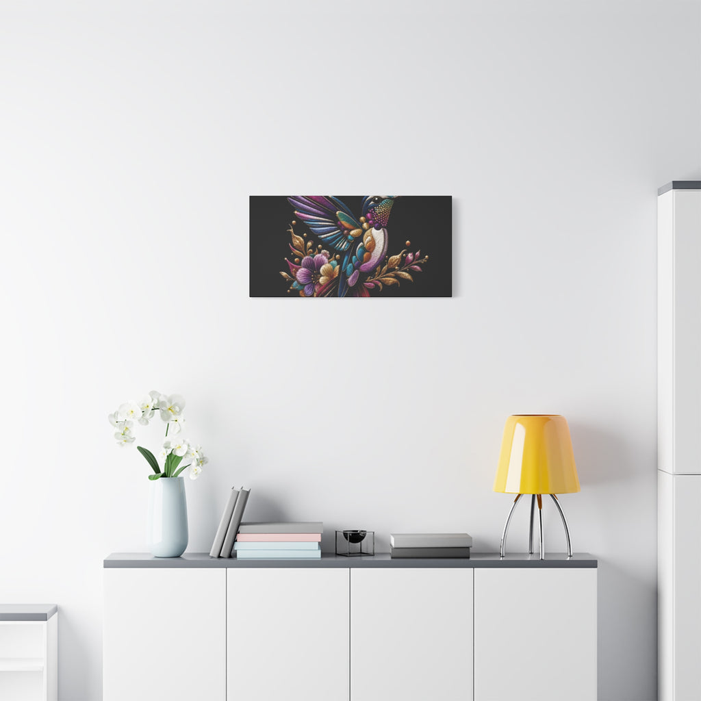 Colorful Hummingbird Floral Canvas Wall Art – Vibrant Bird Print on Black Matte