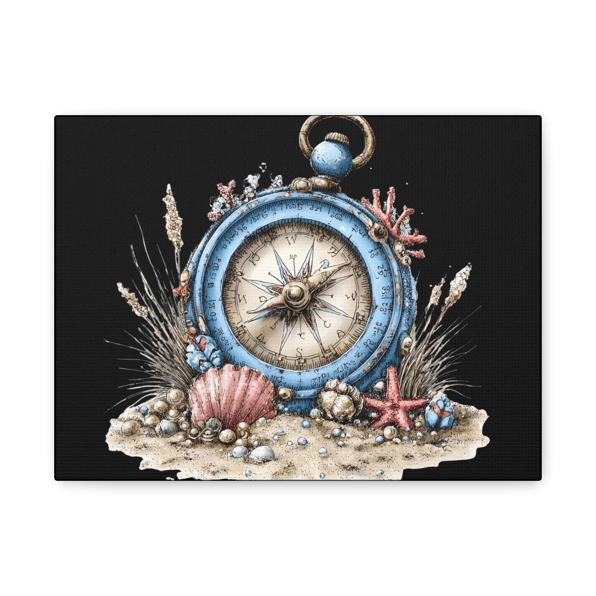 Nautical Compass Canvas Wall Art — Vintage Sea Shell Beach Decor