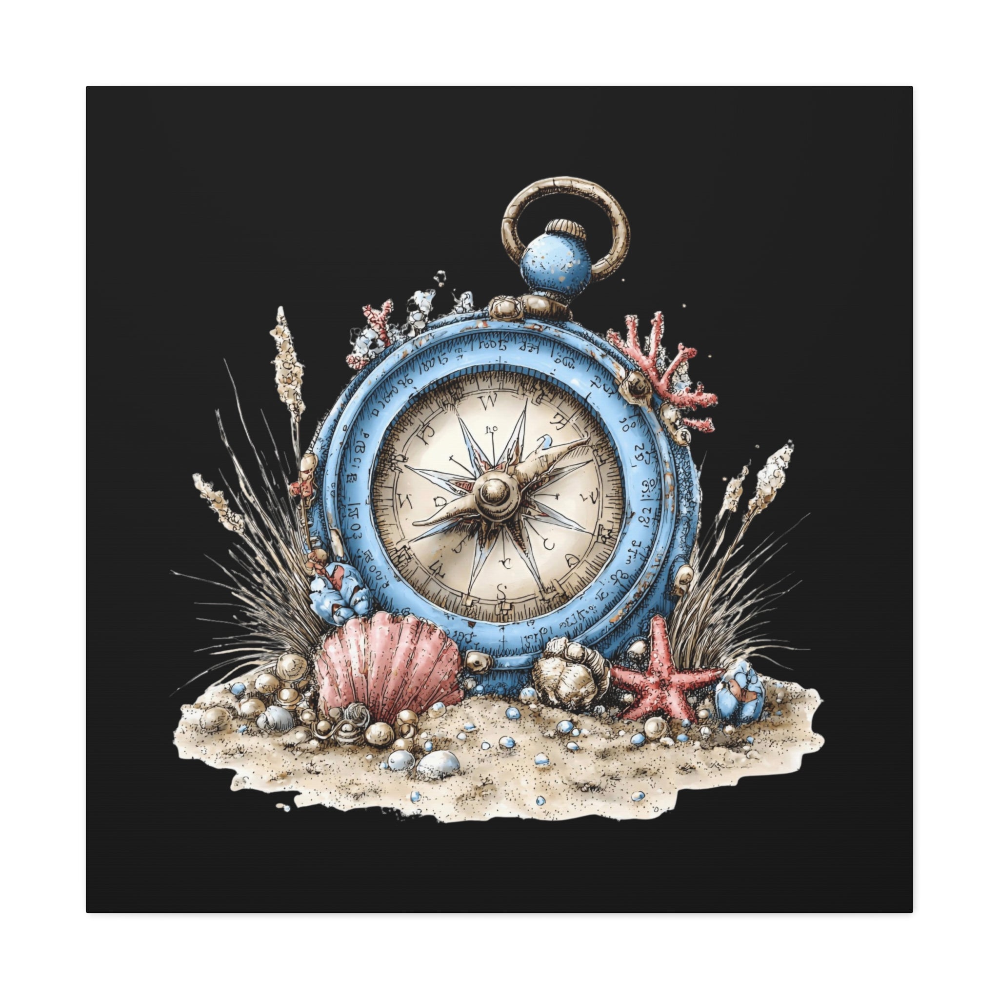 Nautical Compass Canvas Wall Art — Vintage Sea Shell Beach Decor