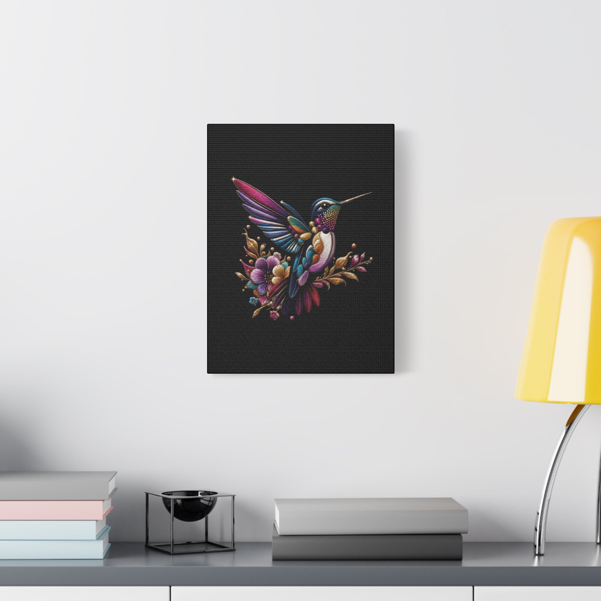 Colorful Hummingbird Floral Canvas Wall Art – Vibrant Bird Print on Black Matte