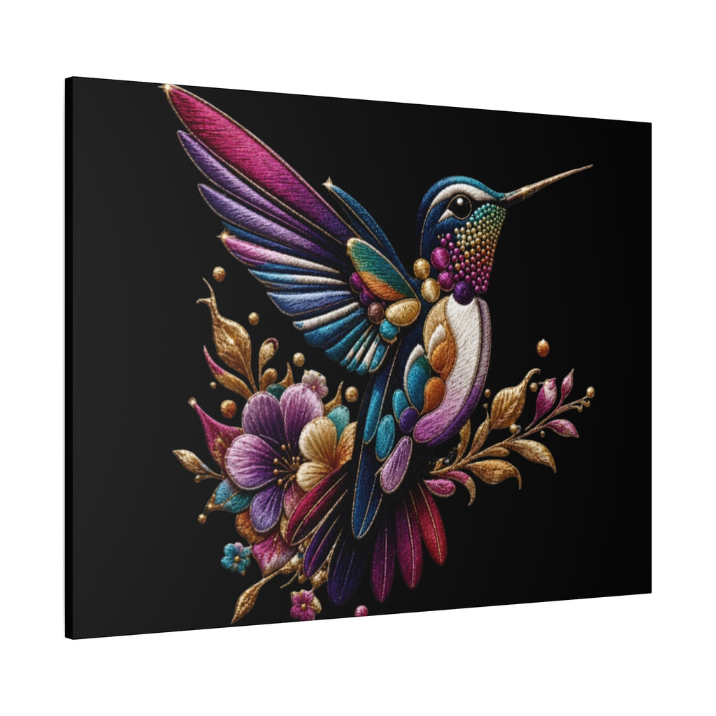 Colorful Hummingbird Floral Canvas Wall Art – Vibrant Bird Print on Black Matte