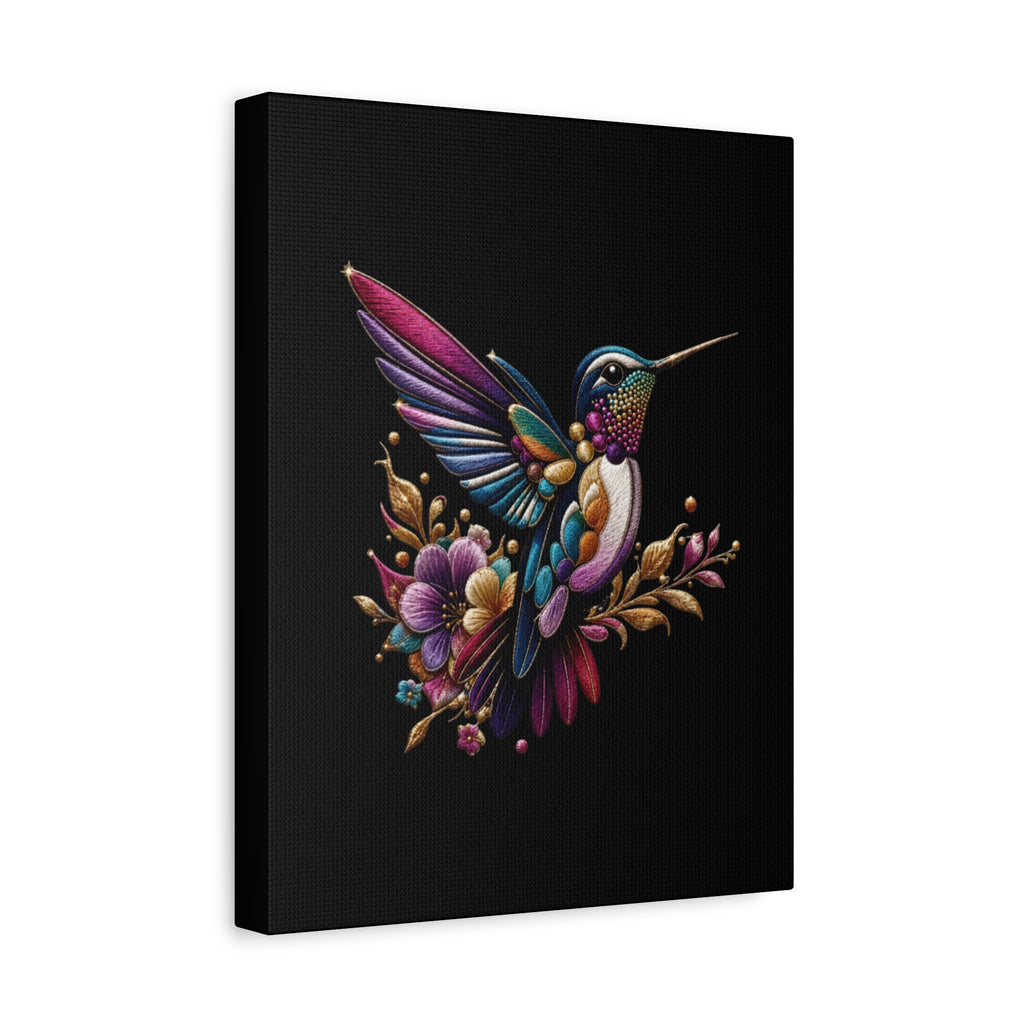 Colorful Hummingbird Floral Canvas Wall Art – Vibrant Bird Print on Black Matte