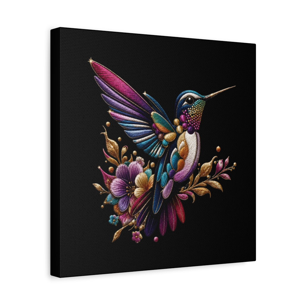 Colorful Hummingbird Floral Canvas Wall Art – Vibrant Bird Print on Black Matte