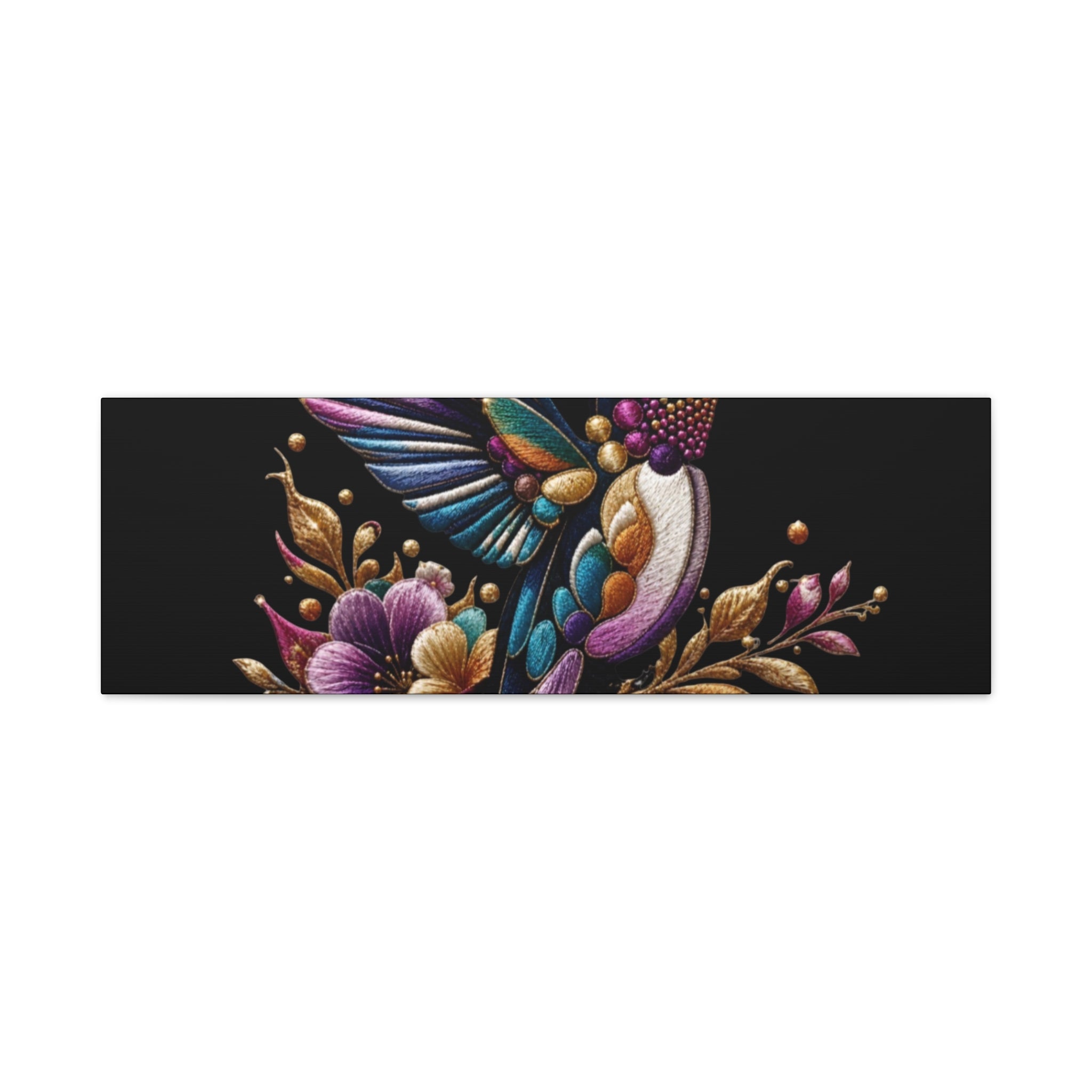 Colorful Hummingbird Floral Canvas Wall Art – Vibrant Bird Print on Black Matte