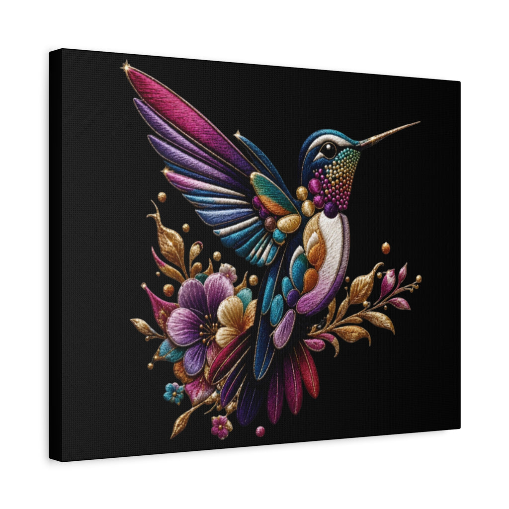 Colorful Hummingbird Floral Canvas Wall Art – Vibrant Bird Print on Black Matte