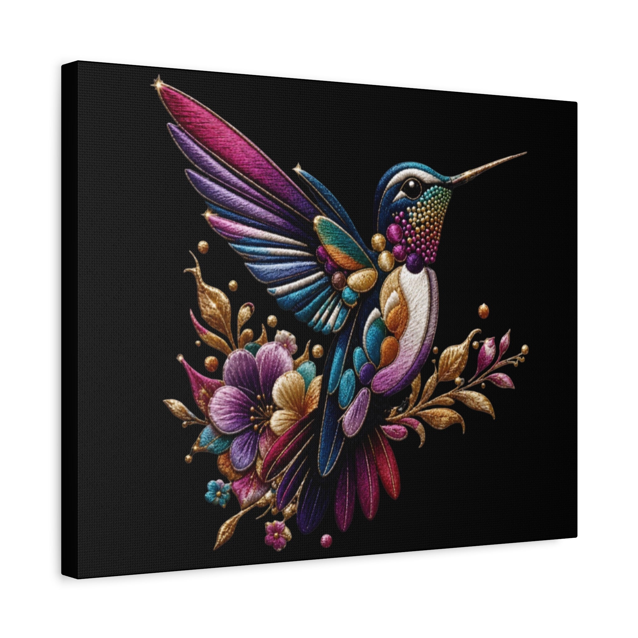 Colorful Hummingbird Floral Canvas Wall Art – Vibrant Bird Print on Black Matte