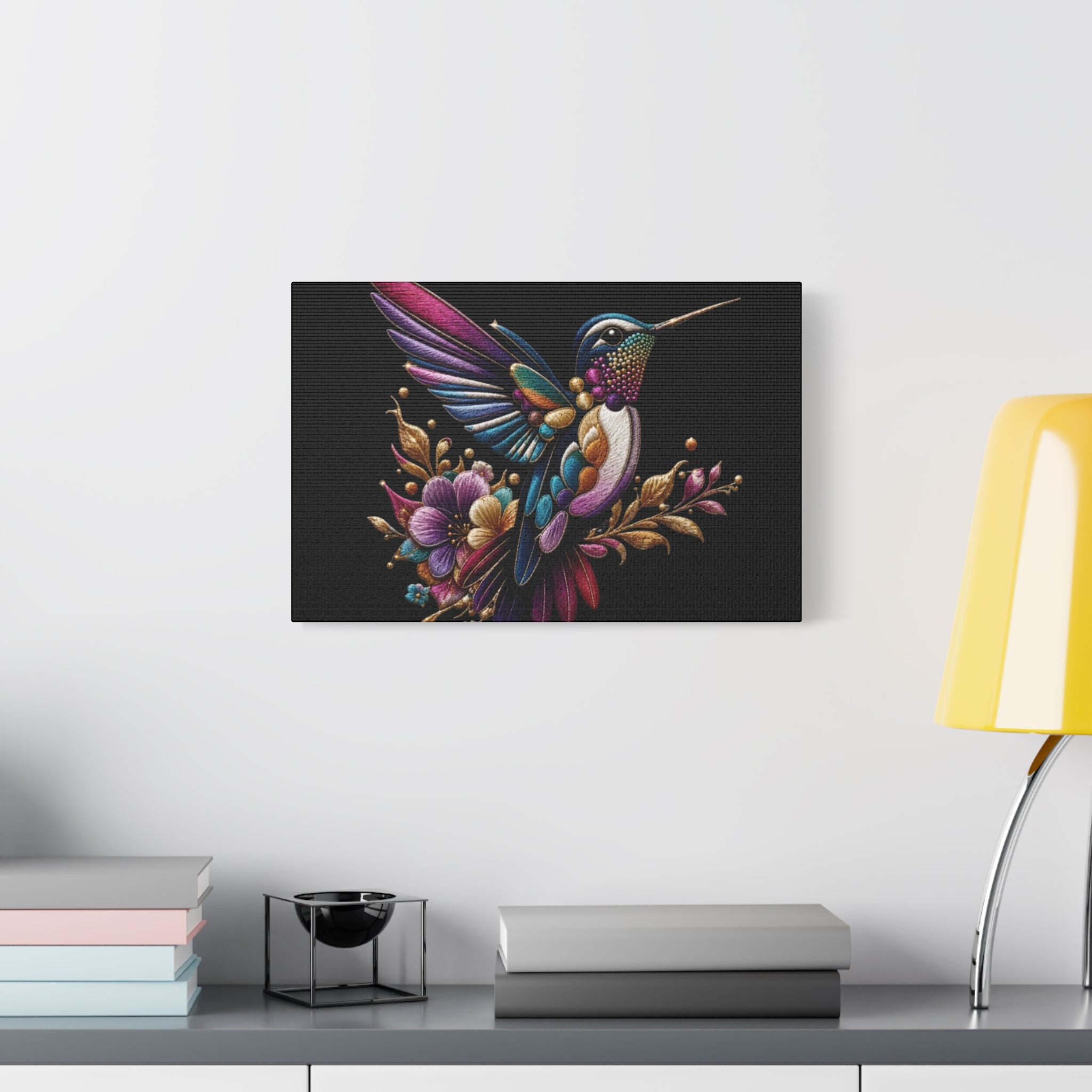 Colorful Hummingbird Floral Canvas Wall Art – Vibrant Bird Print on Black Matte