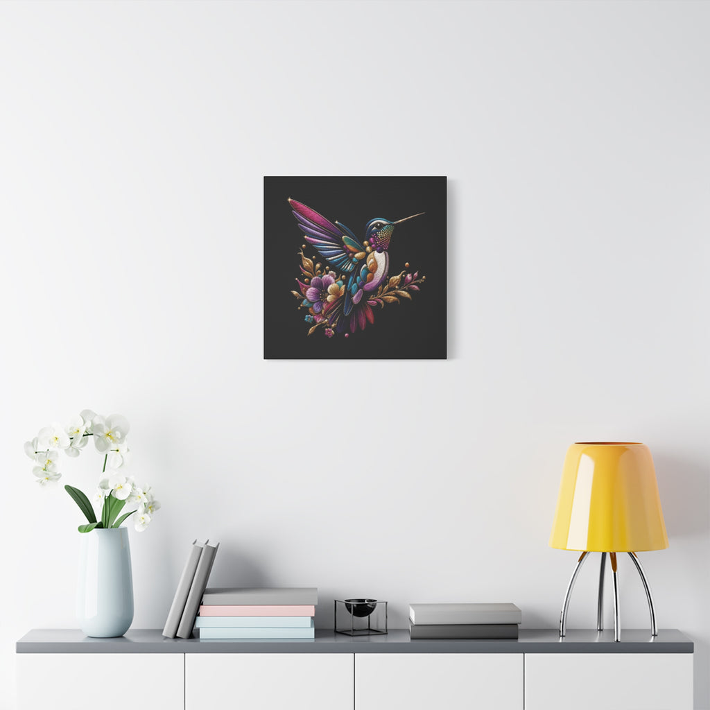 Colorful Hummingbird Floral Canvas Wall Art – Vibrant Bird Print on Black Matte