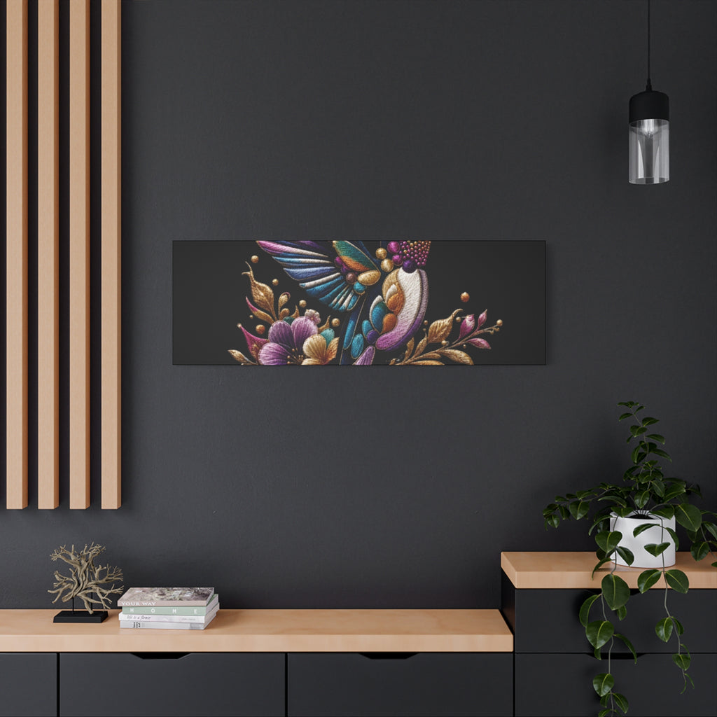 Colorful Hummingbird Floral Canvas Wall Art – Vibrant Bird Print on Black Matte