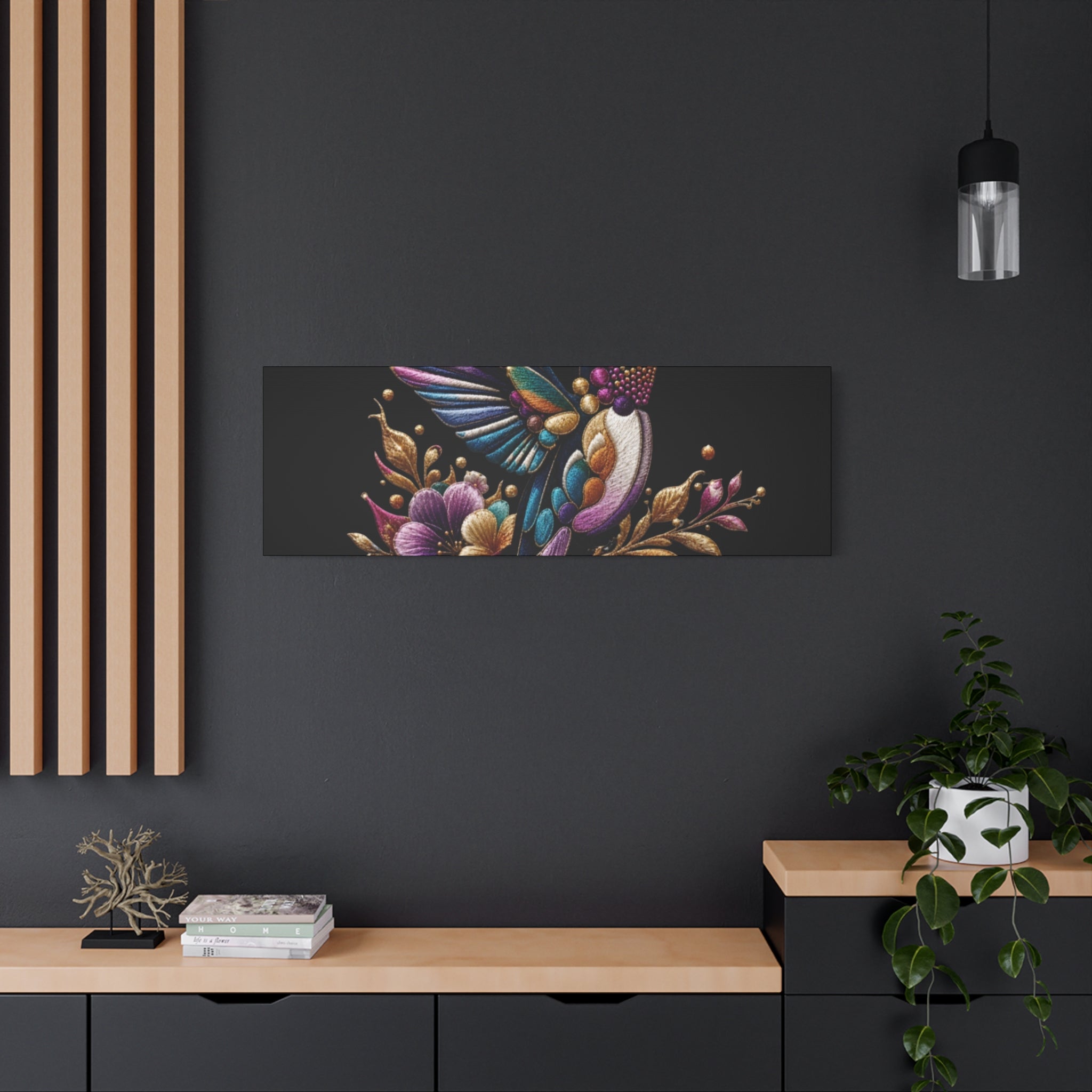 Colorful Hummingbird Floral Canvas Wall Art – Vibrant Bird Print on Black Matte